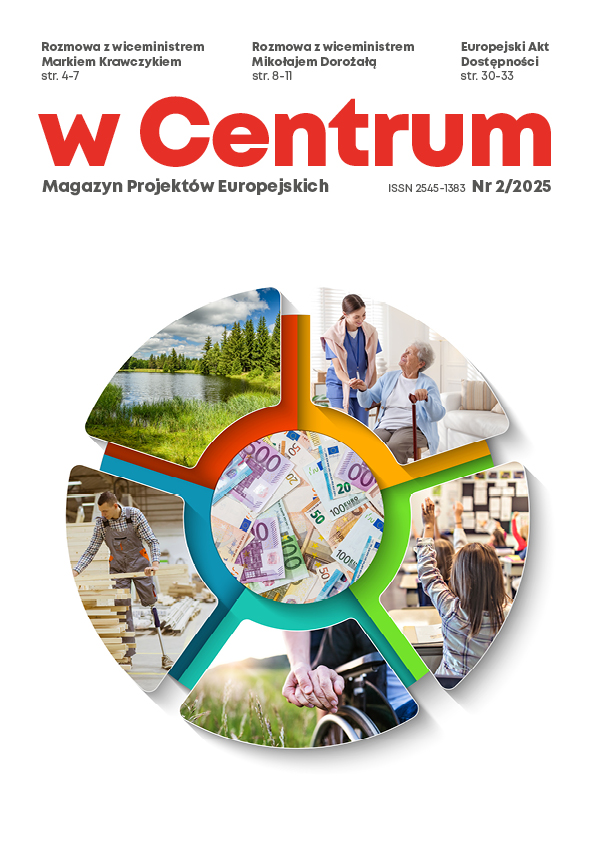 Koło składające się z jednego zdjęcia w środku i pięciu zdjęć wokół. Na zdjęciu w środku są banknoty euro, a na pozostałych: starsza kobieta w domu opieki z pielęgniarką, dzieci w szkolnej klasie, osoba na wózku z opiekunem, mężczyzna z protezą nogi w pracy przy cięciu desek oraz park narodowy.1