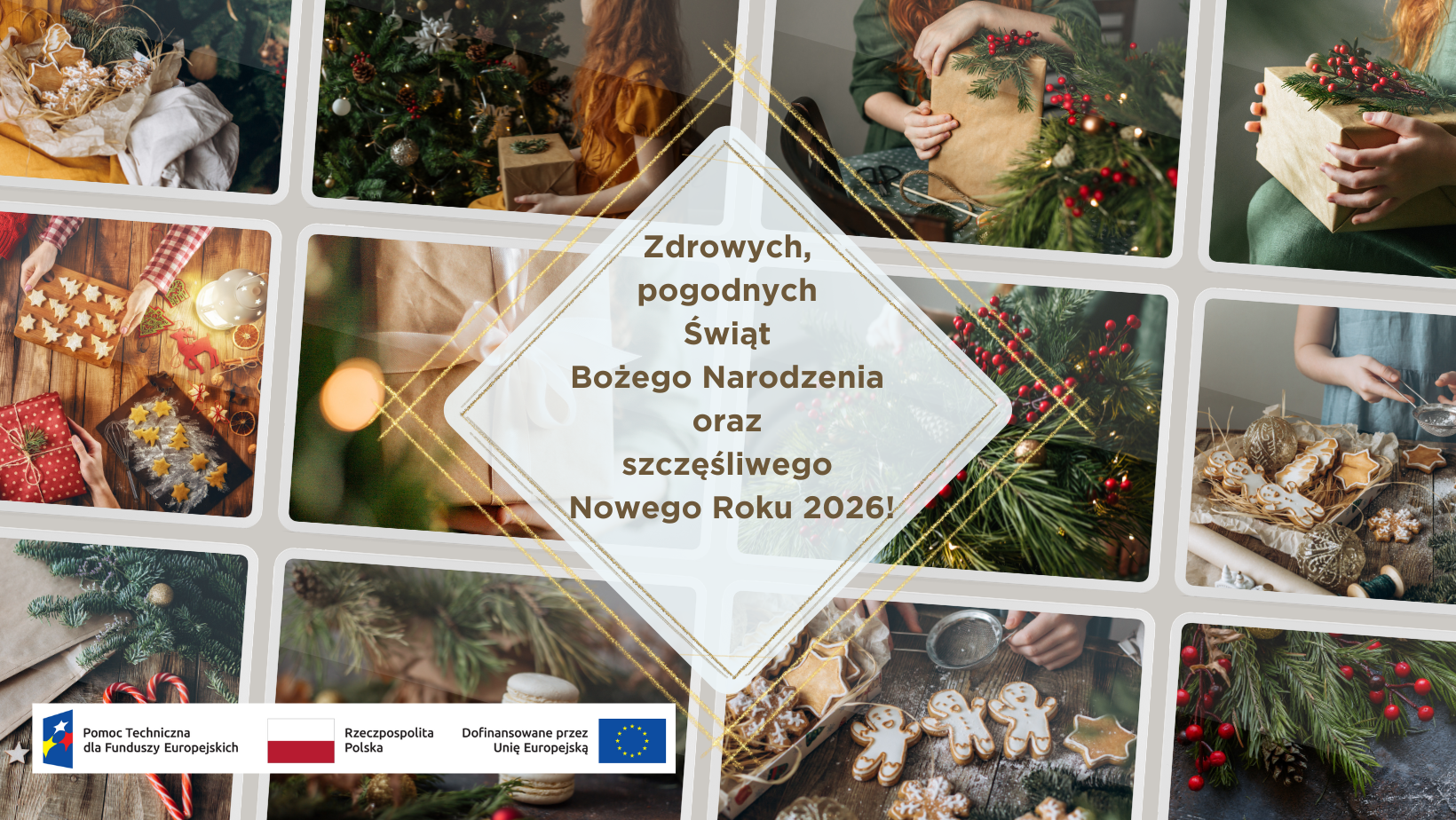 Kilka obrazków przedstawiających świąteczne scenerie, na środku jasne pole z życzeniami świątecznymi1