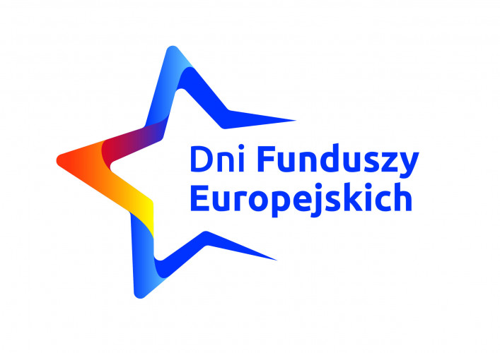 Logo Dni Funduszy Europejskich przedstawiające niebieską gwiazdę z czerwono-żółtym elementem i otwartym bokiem.